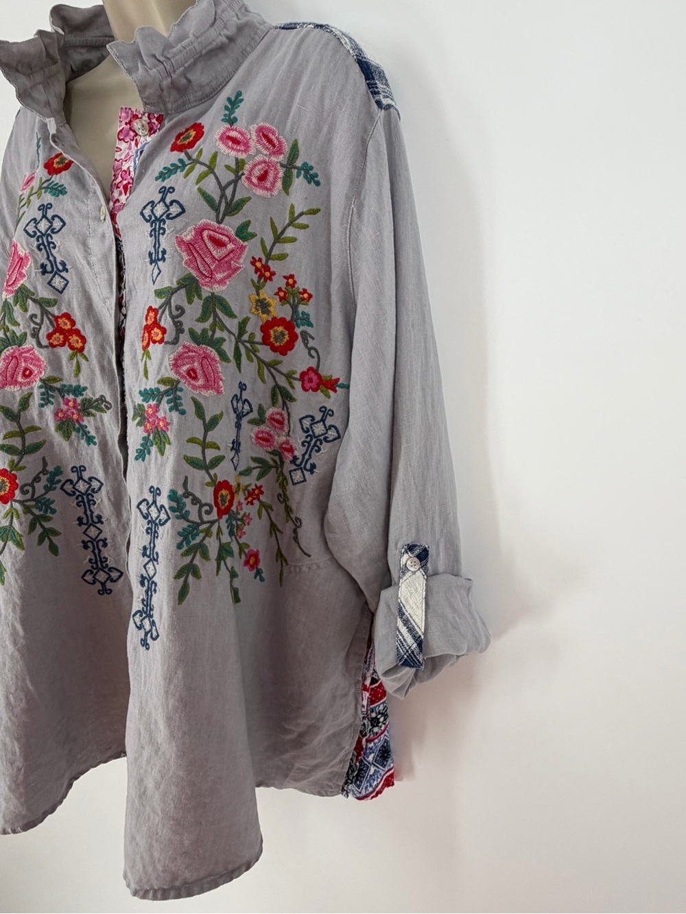 John Mark Linen Embroidered Floral Patchwork Tunic Shirt Boho Cottagecore XL - Picture 4 of 15